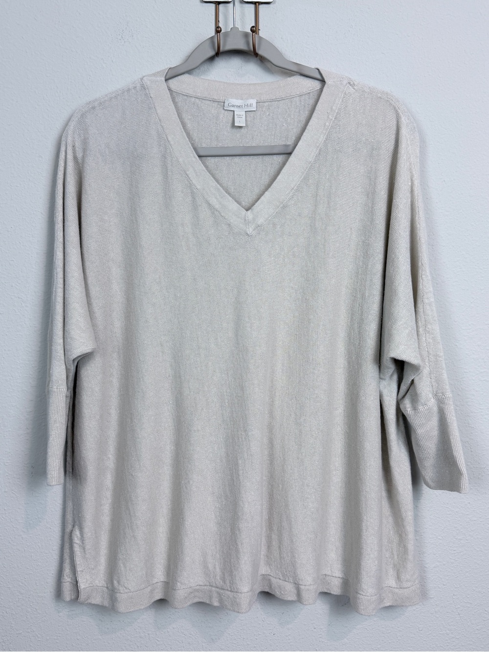 Garnet Hill Women's Beige Linen V-Neck Dolman Sleeve Sweater L